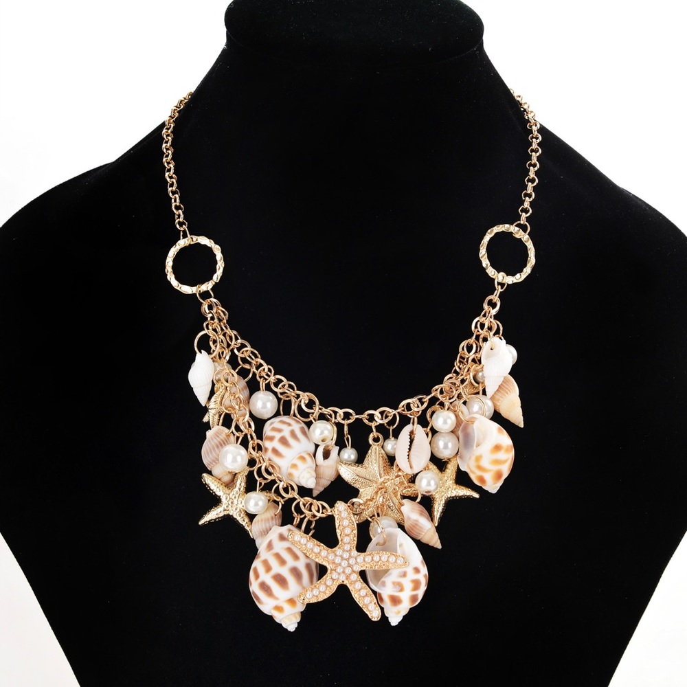 Boho Conch Starfish Shell Beach Gold Necklace